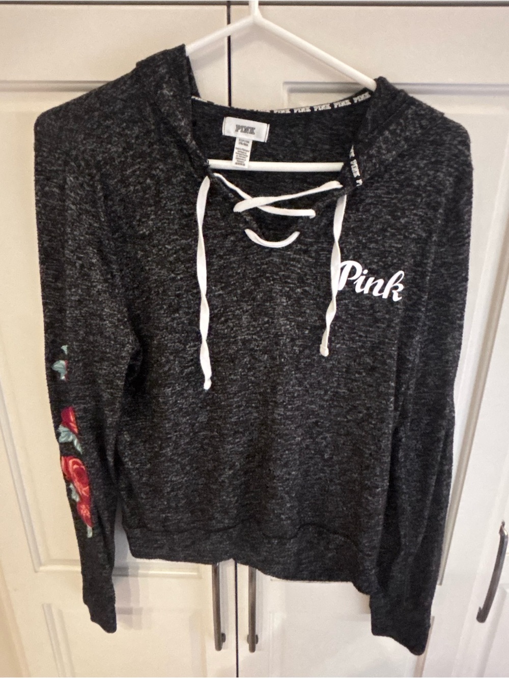 PINK Victoria's Secret Charcoal Lace-Up Hoodie with White Logo and Rose Sleeve